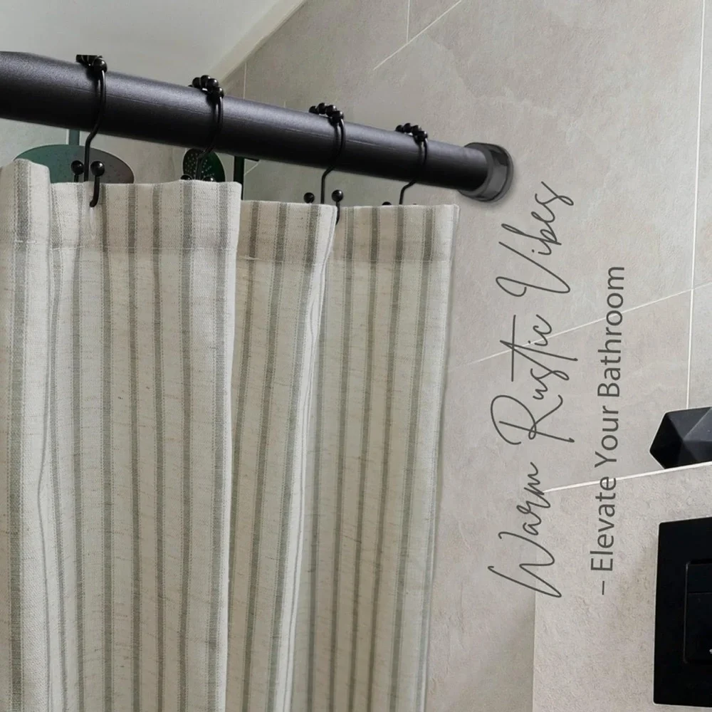 Farmhouse Striped Shower Curtain - 72x72 Inches, Linen Blend Fabric Sage Green